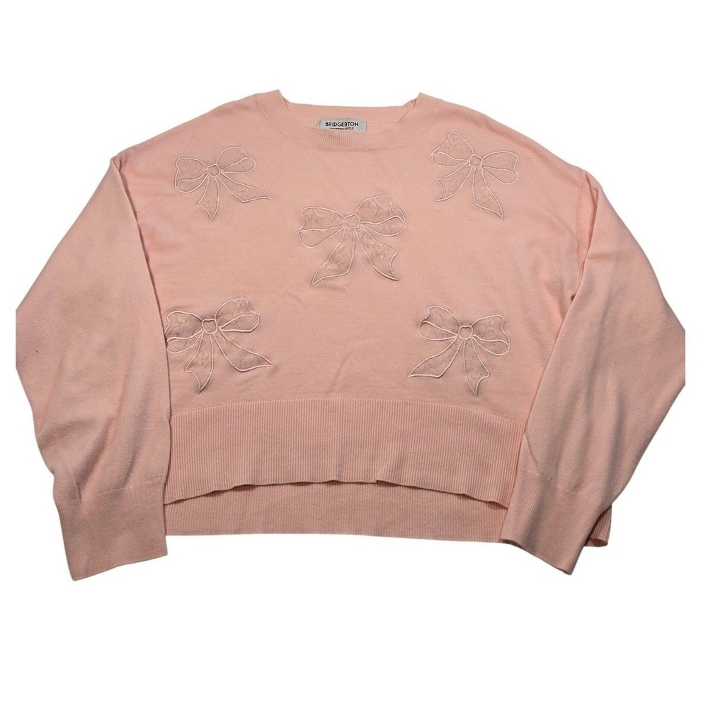 Bridgerton Sweater Women Large Pink Bow Lace Applique Soft‎ Knitted Pullover